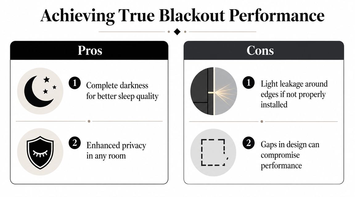 A comparison chart highlighting the pros and cons of achieving true blackout performance for home window treatments.