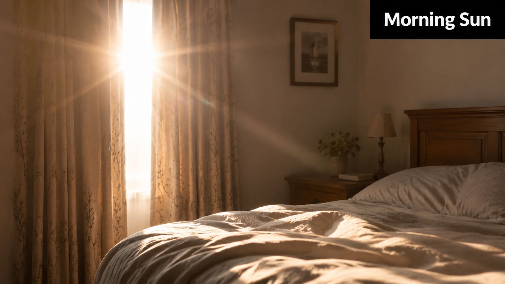Bright morning sunlight streaming through window curtains into a cozy bedroom with an unmade bed