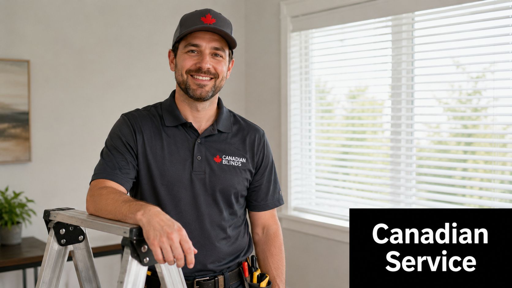A friendly professional technician from Canadian Blinds standing next to a ladder, ready to provide installation services.