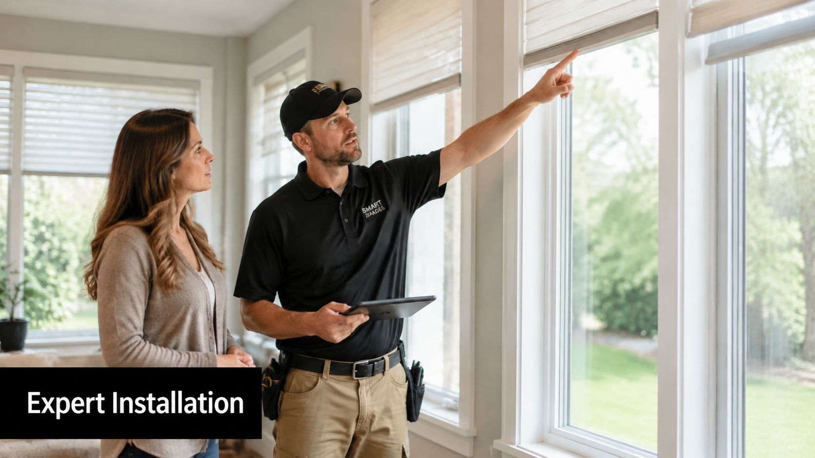 A professional technician pointing at a window shade while consulting with a female homeowner about blinds installation.