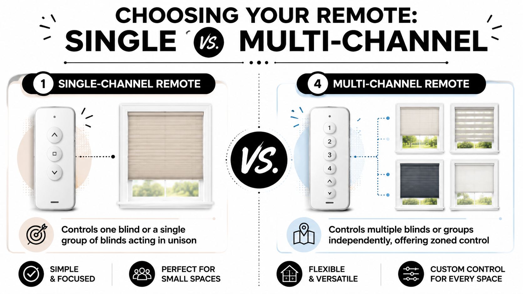A comparison guide between single-channel and multi-channel remote controls for operating motorized window blinds.