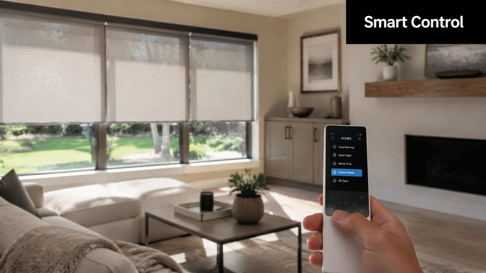 A hand holding a remote control to adjust motorized smart blinds in a bright living room.