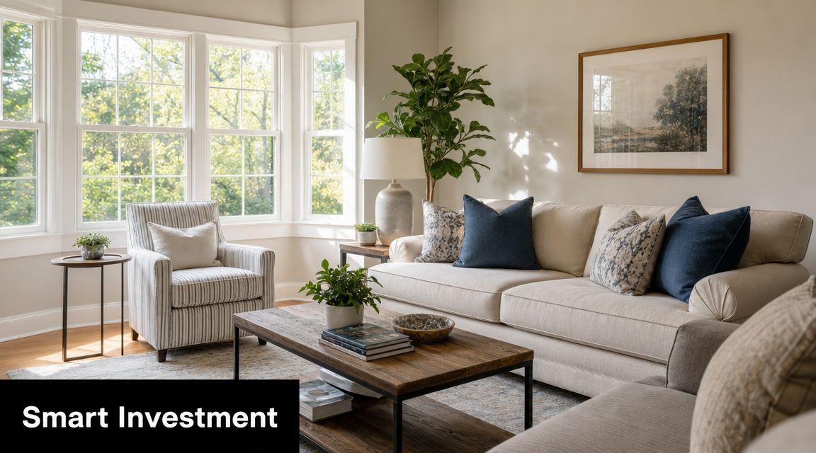 A cozy living room featuring a comfortable sofa, an armchair, and a wooden coffee table near windows.