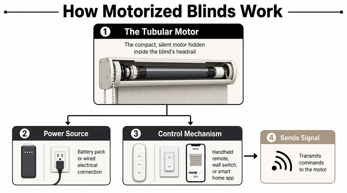 An infographic illustrating how motorized blinds operate with a motor, power source, and wireless control signal.