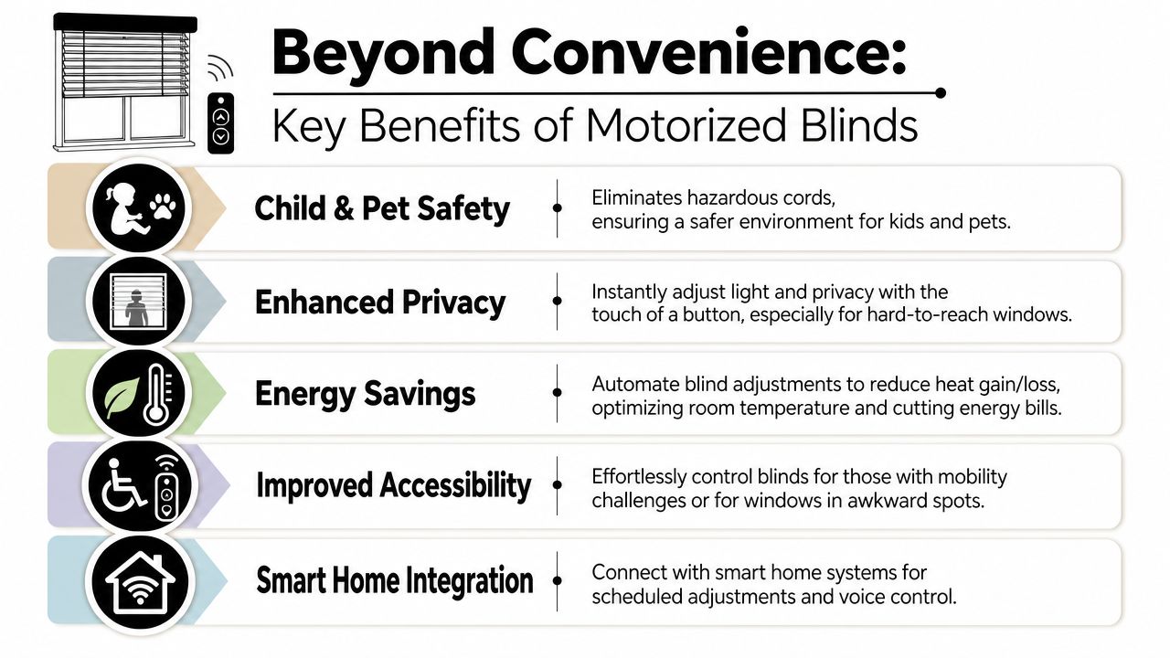 An infographic titled Beyond Convenience showing five key benefits of installing motorized blinds in a home.