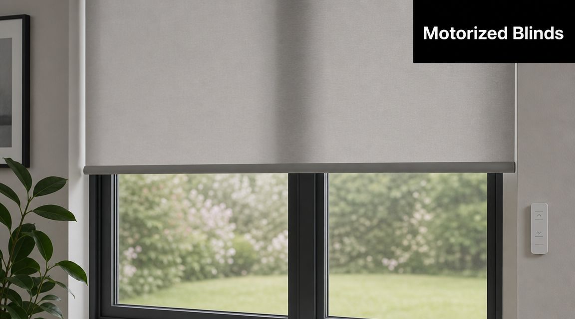 A modern grey motorized roller blind installed on a window with a wireless remote control on the wall.