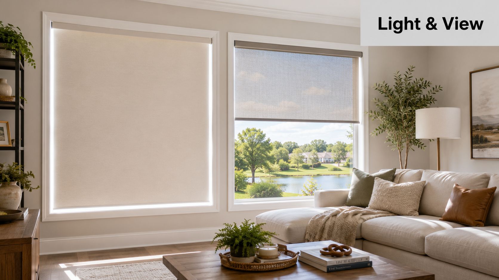 Living room featuring a window with roller shades on the left and solar shades on the right.