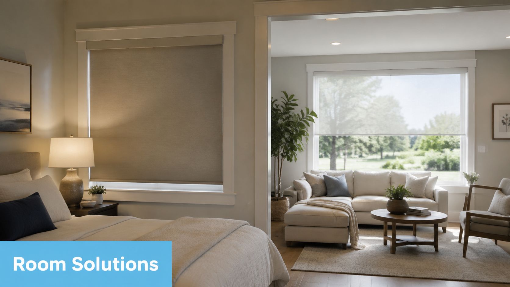 A split view comparing bedroom roller shades and living room solar shades in a modern home interior.