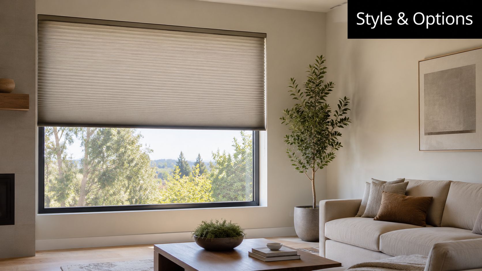 A modern living room featuring smart cellular blinds covering a large window with natural outdoor views.