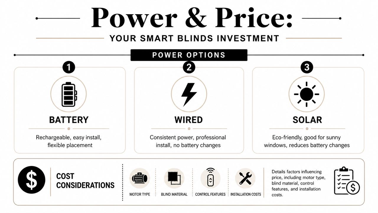 An infographic comparing battery, wired, and solar power options for smart blinds along with cost considerations.