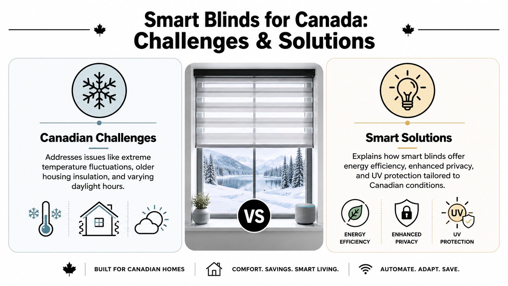 A graphic comparing Canadian housing challenges like temperature and lighting with smart blind energy-efficient solutions.