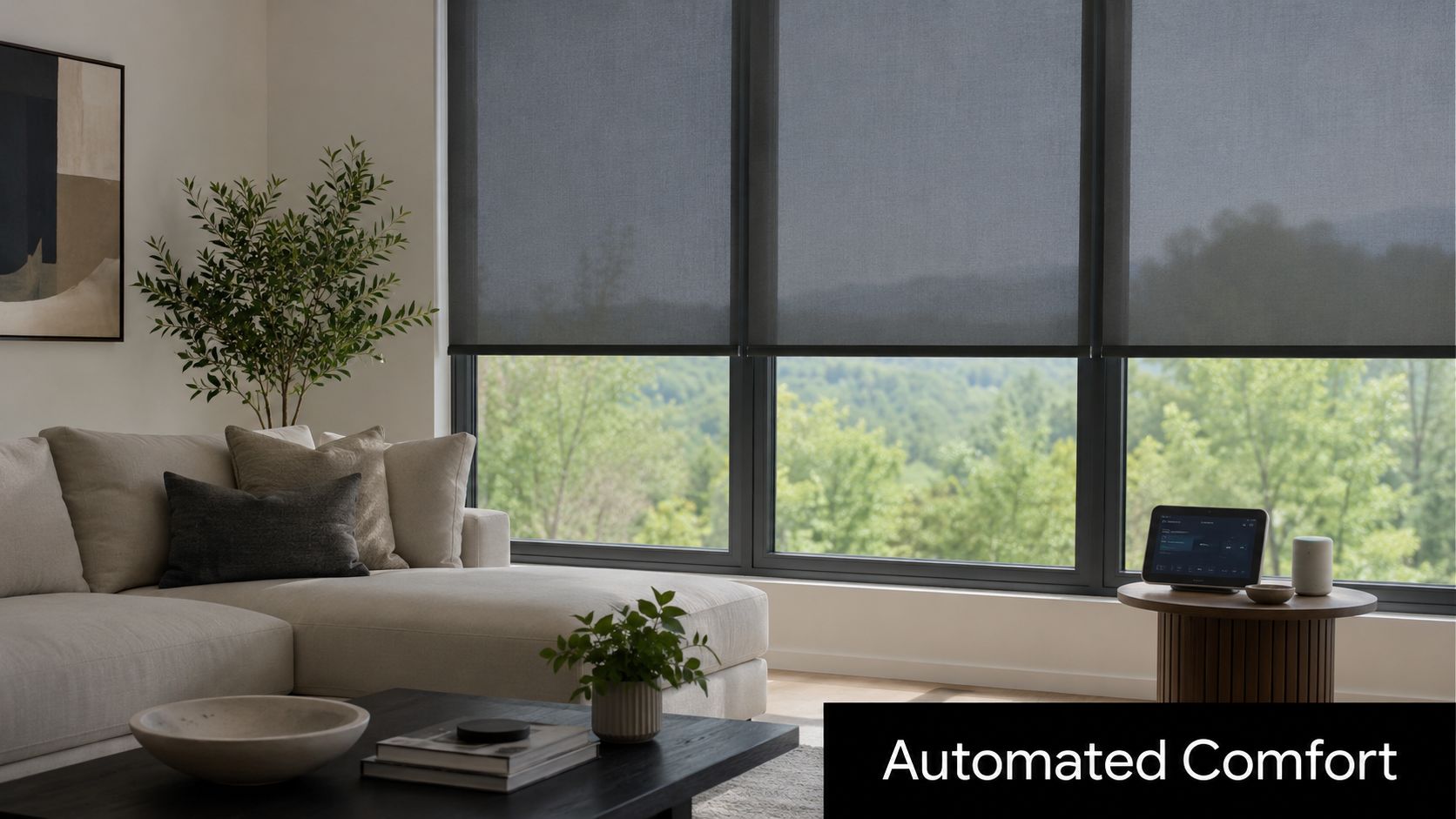 A modern living room with motorized solar shades overlooking a scenic green forest through large windows.
