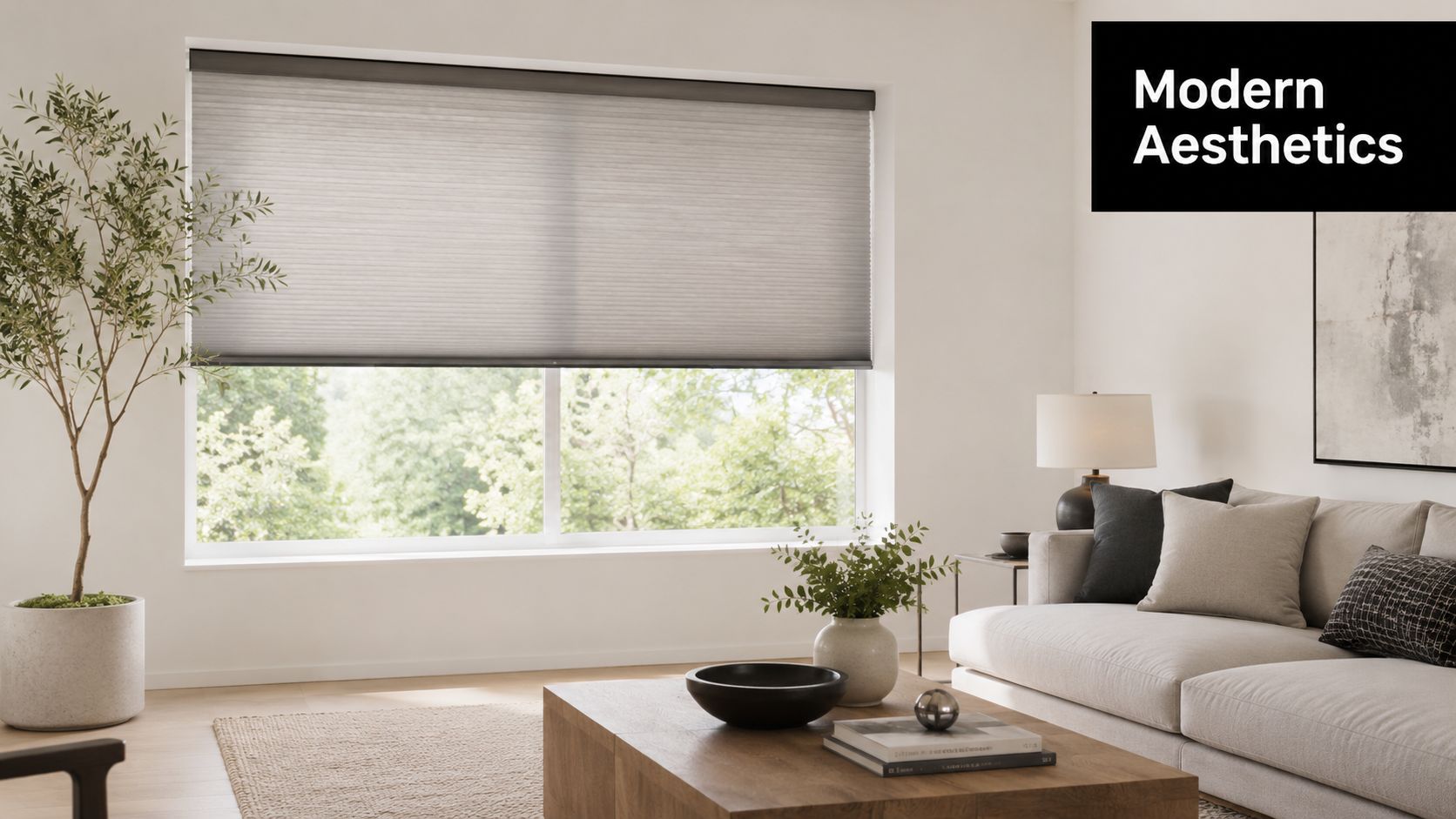 A modern living room with a large window featuring grey pleated shades and a minimalist couch.