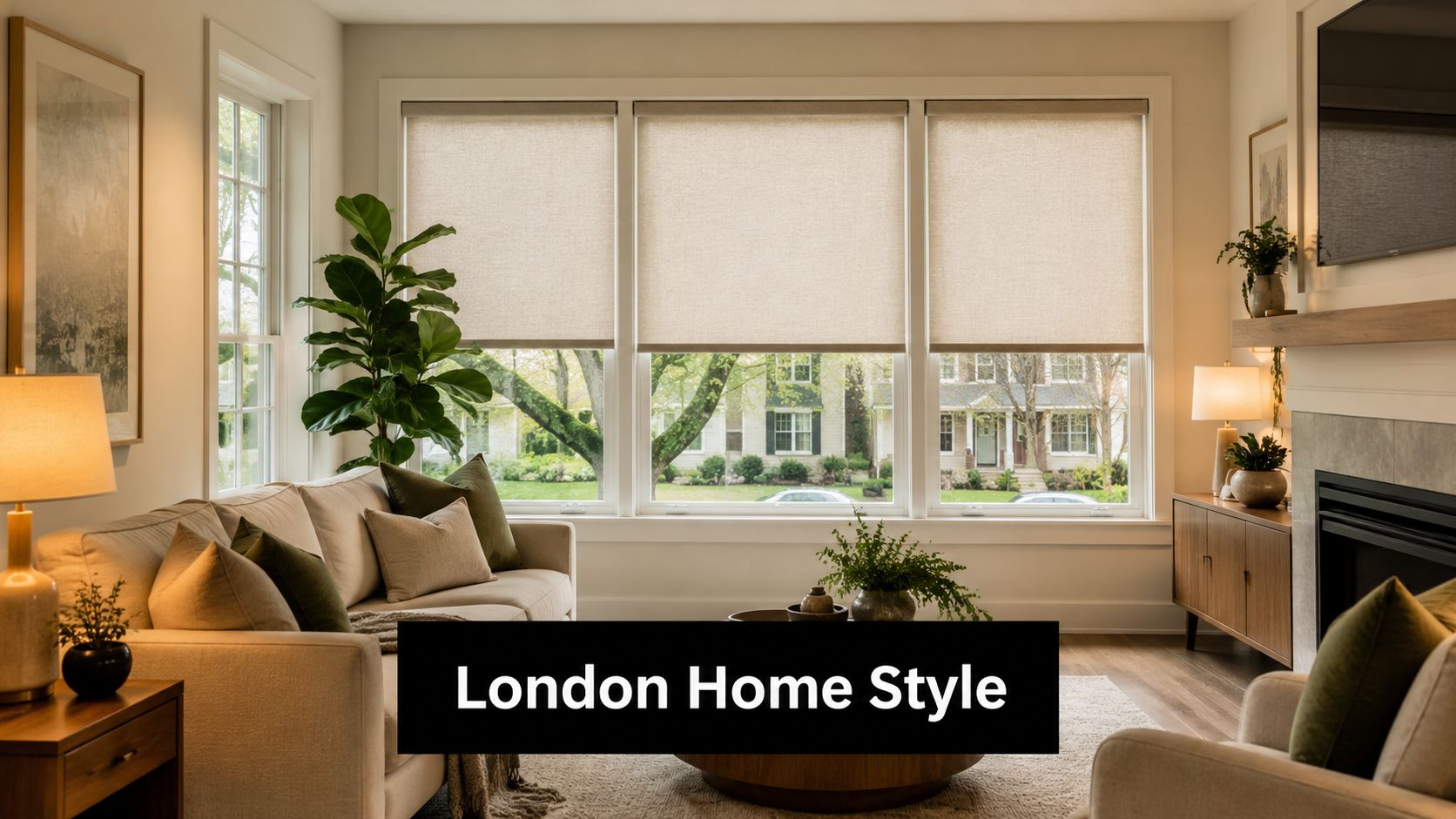 A modern, bright living room featuring clean lines, comfortable furniture, and neutral window shades covering large windows.