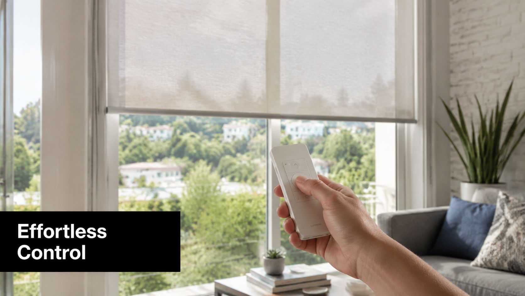 A person using a Lutron wireless remote control to adjust modern window shades in a living room.