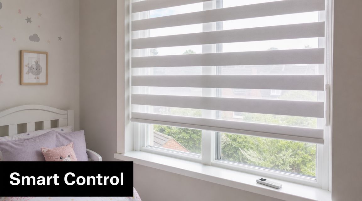 A child's bedroom featuring white and sheer zebra blinds installed on a window with smart remote control.