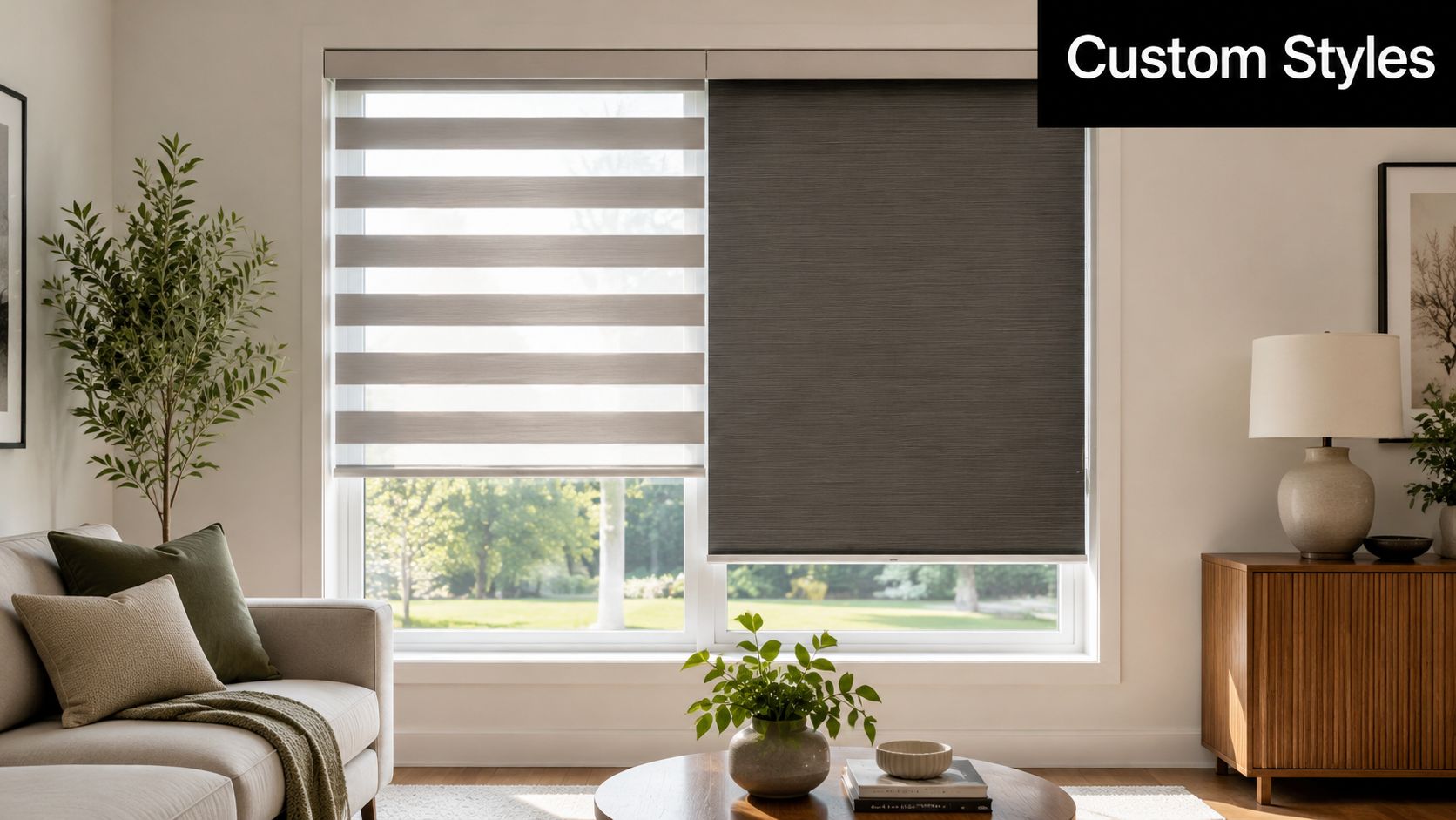 A bright, modern living room featuring a large window with contrasting zebra blinds and roller shades.